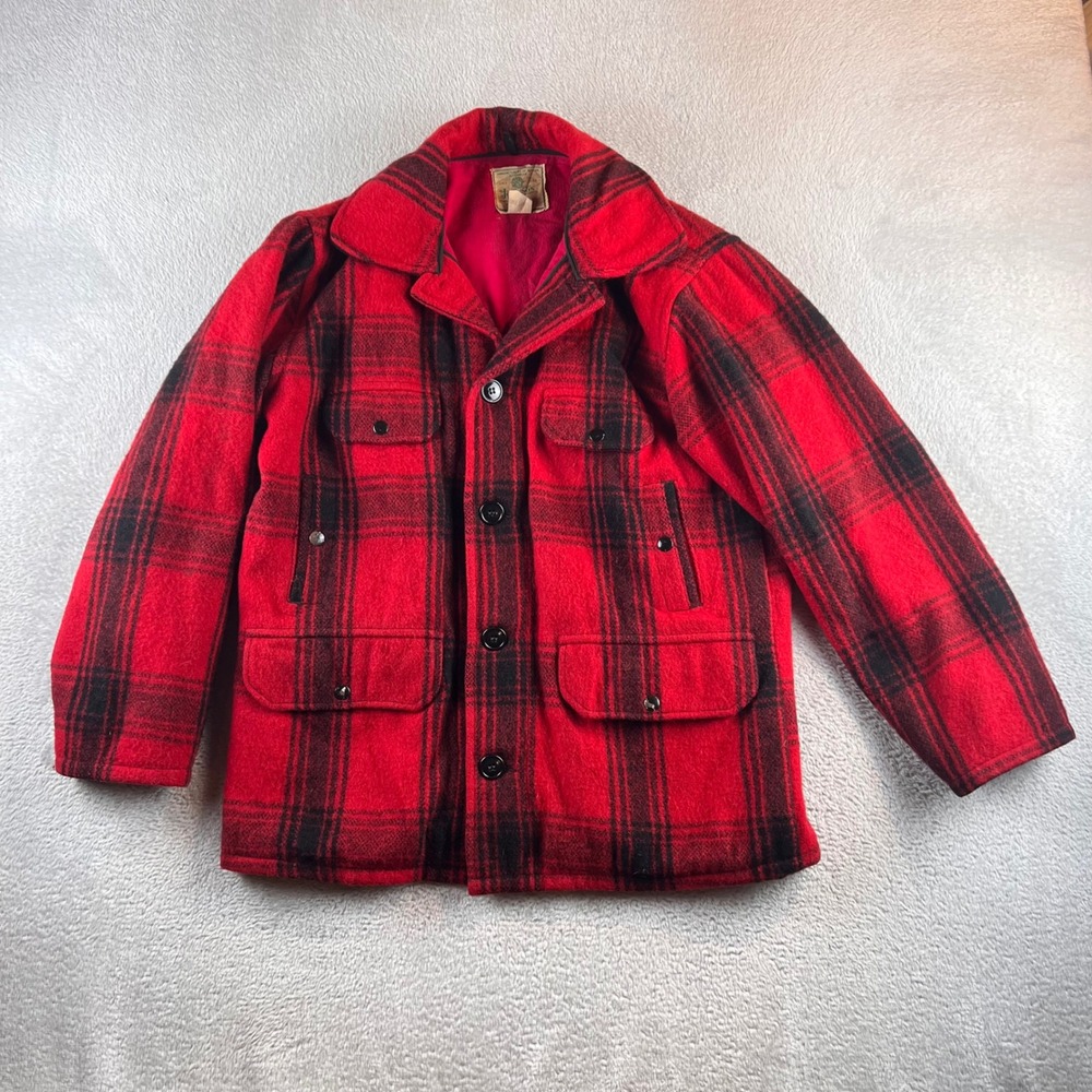 VTG Johnson Woolen Mills Red Buffalo Plaid Wool Hunting Jacket Mens 38 USA
